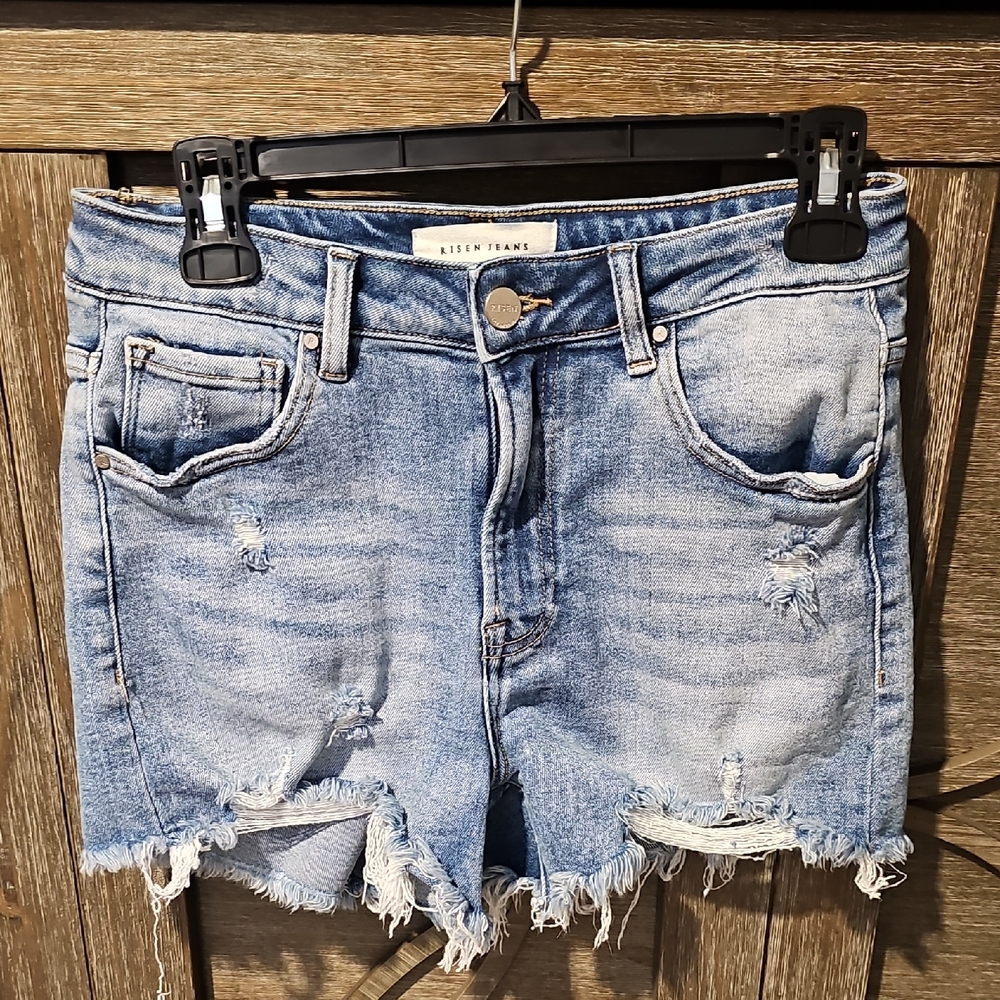 Frayed Hem RISEN Denim Shorts - Blue